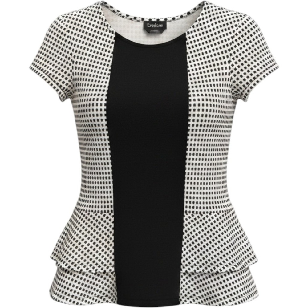 Bebe Black White Gingham Ruffle Peplum Top Shirt‎ Womens L G